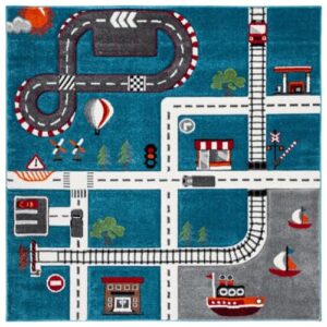 SAFAVIEH Carousel Kids 100 Collection Square Rug - 8', Turquoise & Ivory, Transitional Design, Stain Resistant, Ideal for High Traffic Areas in Bedroom, Dining Room & Kitchen (CRK192K-8SQ)