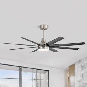 Breezary 65" Large Ceiling Fans with Lights and Remote, 8-Blade, Reversible DC Motor, 6-Speed, Timer, Industrial Ceiling Fans with Led Light Chandelier for Bedroom Office (Satin Nickel & Black)