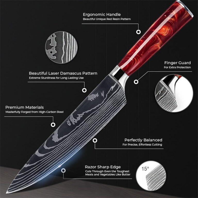 SENKEN 16-Piece Natural Acacia Wood Kitchen Knife Block Set - Japanese Chef's Knife Set with Laser Damascus Pattern, Includes Steak Knives, Kitchen Shears, Santoku, Cleaver & More (Red Resin Handles) - Image 5