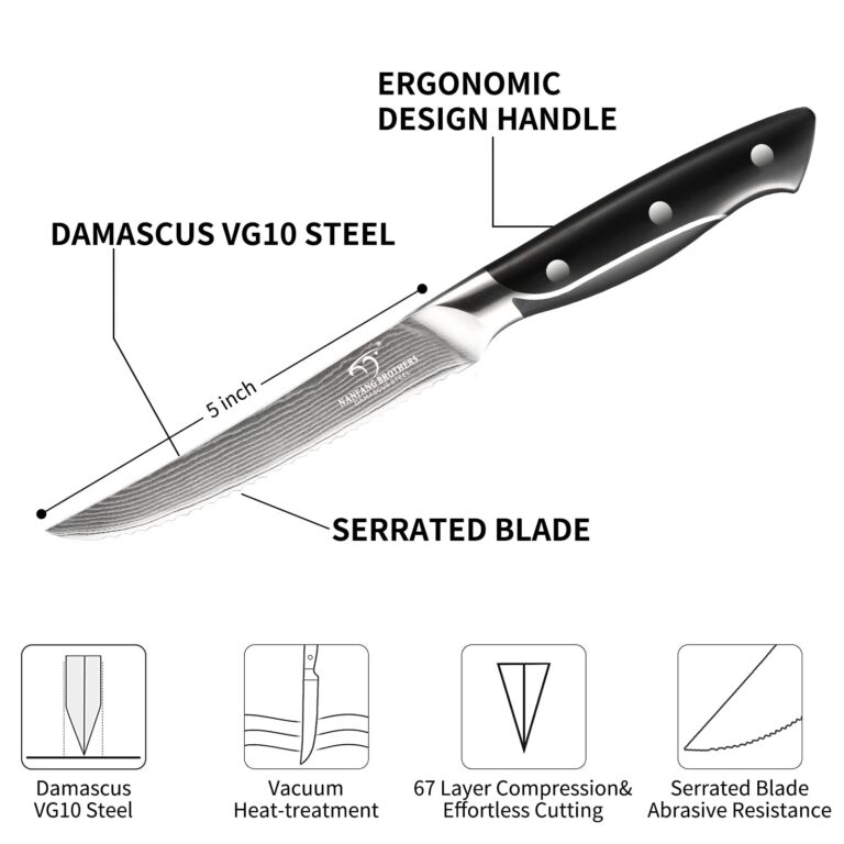 18 Pieces Damascus Kitchen Knife Set, 8 Piece Steak Knives, Non-slip ABS Ergonomic Triple Rivet Handle for Meat Fork, Knife Sharpener and Shears, 17 Slots Fraxinus Manchuria Knife Block (Grey) - Image 7