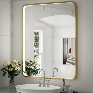 FTOTI 30x36 Inch LED Bathroom Mirror with Lights,Gold Metal Frame Lighted Vanity Mirror, Anti Fog Design&Dimmable&Touch Switch,Large Wall Mounted Mirror for Bathroom Decor (Horizontal&Vertical)