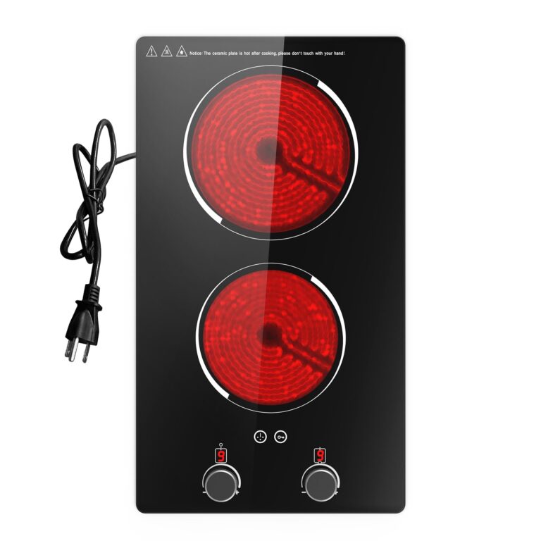 110v Electric Cooktop 2 Burners, 12'' Electric Stove Top with Plug in, GTKZW Knob Control Countertop & Built-in Ceramic Cooktop, 9 Power Levels, Child Lock, Timer, Over-Heat Protection - Image 3