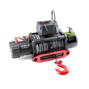RUGCEL WINCH 13500lb Waterproof Electric Truck Winch 12V Synthetic Black Rope Jeep Winch with Hawse Fairlead,Wired Handle and 2 Wireless Remote,for Trailer and Wrangler in Car Lift