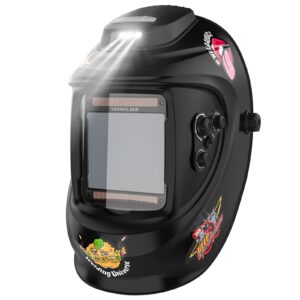 YESWELDER Auto Darkening Welding Helmet with Rechargeable Fan and Light, 3.93"X3.66"Large View 1/1/1/1 True Color 4 Arc Sensor Solar Powered Welding Hood, 3/5-9/9-13 Wide Shade Weld Mask LYG-30800H-W
