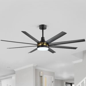 Breezary 65 Inch Ceiling Fan with Light and Remote, 8-Blade, Reversible DC Motor, 6-Speed, Timer, Industrial Ceiling Fans with Led Light Chandelier for Bedroom Office (Black & Gold + 8 Black Blade)