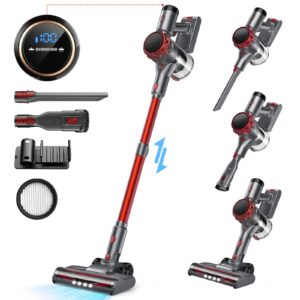 UML0 S3 Cordless Vacuum Cleaner, 45kPa Powerful Stick Vacuum, LED Display, 55-Min Runtime Rechargeable Cordless Vacuum, Free-Standing, Vacuum Cleaners for Home Pet Hair Carpet Hard Floor (Red)