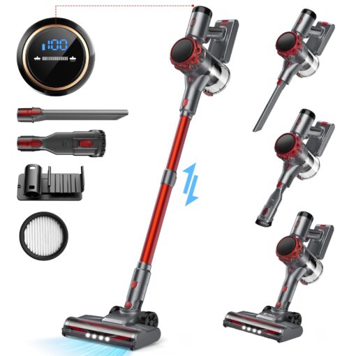UML0 S3 Cordless Vacuum Cleaner, 45kPa Powerful Stick Vacuum, LED Display, 55-Min Runtime Rechargeable Cordless Vacuum, Free-Standing, Vacuum Cleaners for Home Pet Hair Carpet Hard Floor (Red)