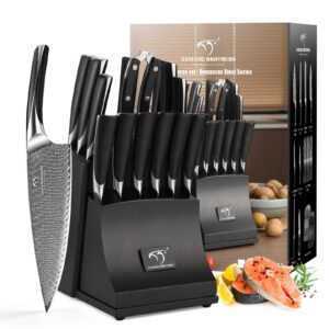 NANFANG BROTHERS Knife Set, 15-Piece Damascus Kitchen Knife Set with Block, ABS Ergonomic Handle for Chef Knife Set, Carving Fork, Disconnect-type Knife Block Set (Black)
