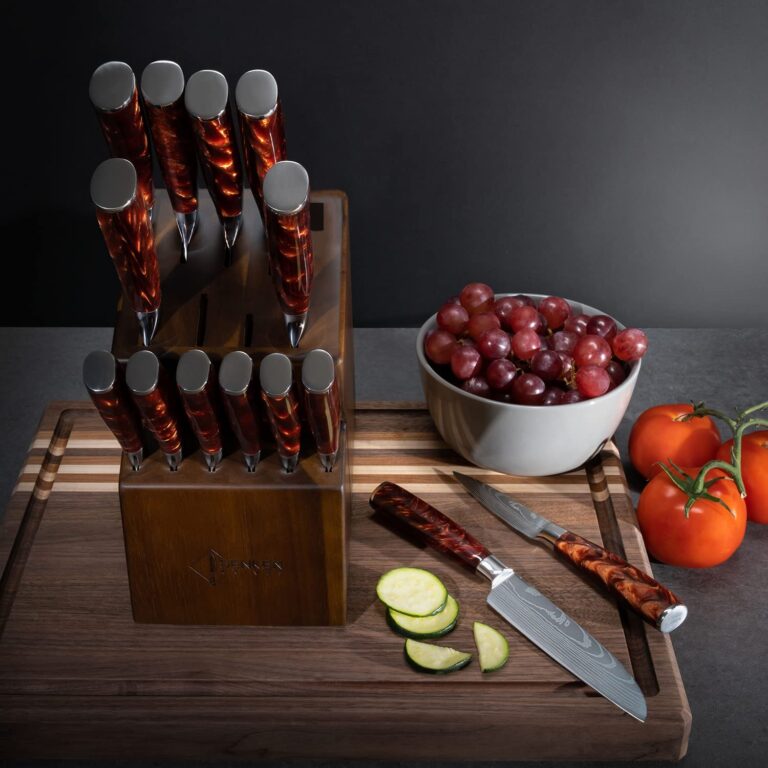SENKEN 16-Piece Natural Acacia Wood Kitchen Knife Block Set - Japanese Chef's Knife Set with Laser Damascus Pattern, Includes Steak Knives, Kitchen Shears, Santoku, Cleaver & More (Red Resin Handles) - Image 3