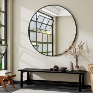 VooBang Black Round Bathroom Mirror, 48 inch Circle Modern Wall Mirror with Simple Metal Frame, Hanging for Bathroom, Hallway, Living Room, Black Frame