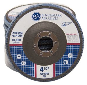 Benchmark Abrasives 4.5" x 7/8" Premium Zirconia T29 Curved Flap Discs 4 1/2 for Angle Grinder, Sanding Discs, Finishing, Rust, Stock Removal- Grinding Wheels 4 1/2 Inch (100 Pack) - 120 Grit