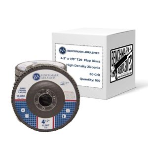 Benchmark Abrasives 4.5" x 7/8" Premium High Density Jumbo Zirconia Type 29 Flap Discs 4 1/2 for Angle Grinder, Sanding Discs, Finishing - Grinding Wheels 4 1/2 Inch (100 Pack) - 60 Grit