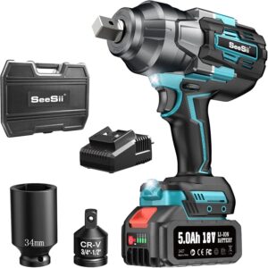 Seesii Cordless Impact Wrench, 1180Ft-lbs(1600N.m) High Torque Impact Gun 3/4", Brushless Impact Wrench w/ 5.0Ah Battery & Fast Charger, Electric Impact Wrench for Truck, Heavy-duty Project, WH1000