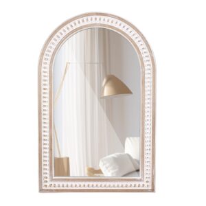 36x24 Boho Wooden Arched Wall Mirror with Beaded, Rustic Farmhouse Decorative Arch Mirrors for Bathroom Vanity, Living Room, Entryway, or Foyer