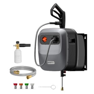 Giraffe Tools Grandfalls Pressure Washer G20 Pro, 2500 PSI 2.2 GPM, Wall Mounted Power Washer with 65FT Hose Reel, Ultra-Soft Pressure Hoses, 4 Nozzles for Floor/Cars/Fences/Patios, Dark Silver