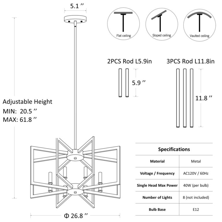 Klgxnrd 8-Light Modern Farmhouse Black Geometric Chandelier, Adjustable Height Dining Room Light Fixtures Over Table, Large Industrial Metal Chandeliers for Dining Room Kitchen Island Entryway - Image 3