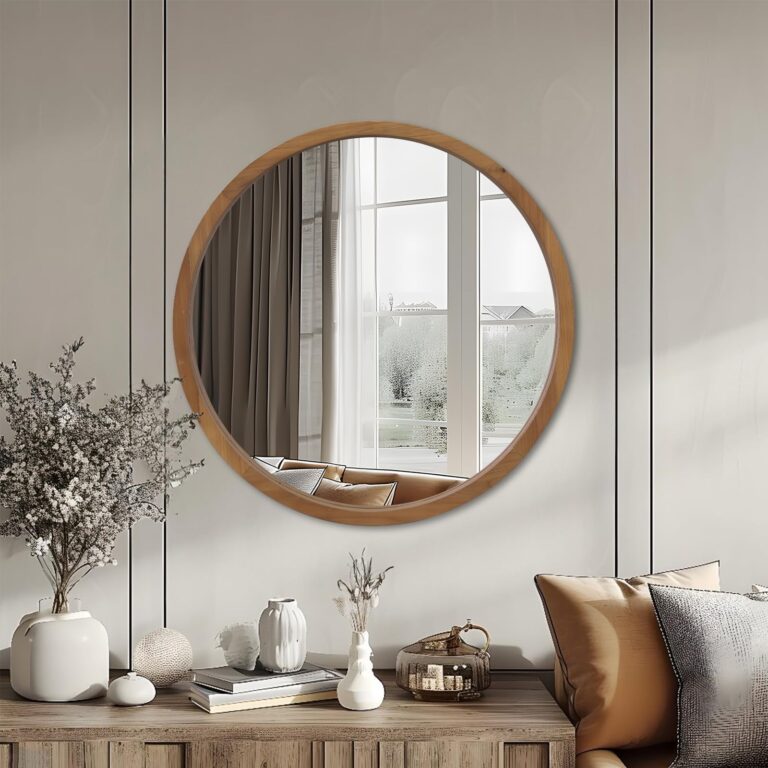 GIFTTROVE 36" Bathroom Mirror, Round Wall Mirror with Wood Frame, Farmhouse Mirror for Wall Decor, Wall-Mounted Mirror for Bedroom, Living Room, Brown - Image 3