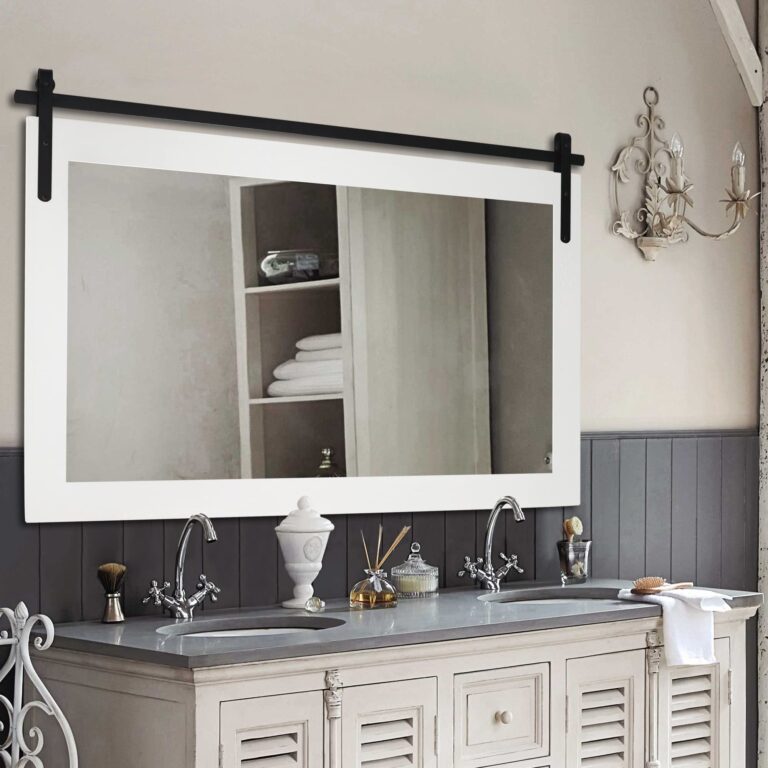 PAIHOME Large White Bathroom Mirror, Farmhouse Horizontal Rustic Square Mirror for Wall Wood Framed Vanity Mirrors, Barn Door Style Decor Living Room Entryway Bedroom Mirrors, 40x26INCH - Image 3