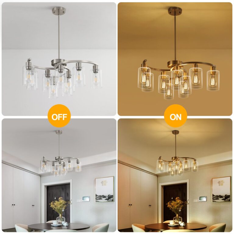 CNRATYE 9-Light Brushed Nickel Glass Chandelier, Adjustable Height Hanging Industrial Dining Room Chandelier Over Table, Modern Farmhouse Chandelier for Kitchen Island Living Room Entryway Bedroom - Image 4