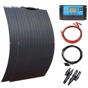 XINPUGUANG Flexible Solar Panel 100W,200W 12V Solar Panel Kit Monocrystalline Module,20A Charge Controller, Extension Cable，Alligator Clip Cable for Outdoor Off Grid Boat rv Trailer (200W)