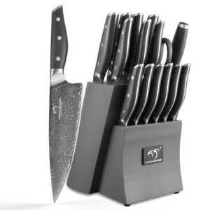 NF NANFANG BROTHERS Knife Set, 16-Pieces Damascus Kitchen Knife Set with Block, ABS Ergonomic Handle for Chef Knife Set, Carving Fork, Disconnect-type Knife Block Set (Gray)