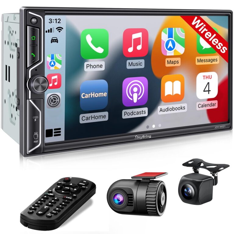 [QLED Screen Upgrade] Double Din Car Stereo with Dash Cam, Wireless Apple CarPlay and Android Auto, Bluetooth 5.3, 4.2-Channel Audio Output, MirrorLink, Backup Camera, AM/FM Car Radio