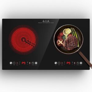 Electric Cooktop, 24 Inch 2 Burner Electric Cooktop 110V, Built-in and Countertop Electric Stove Top Plug in, 2400W Electric Stove, Compatible for All Cookware,Timer & Kid Safety Lock