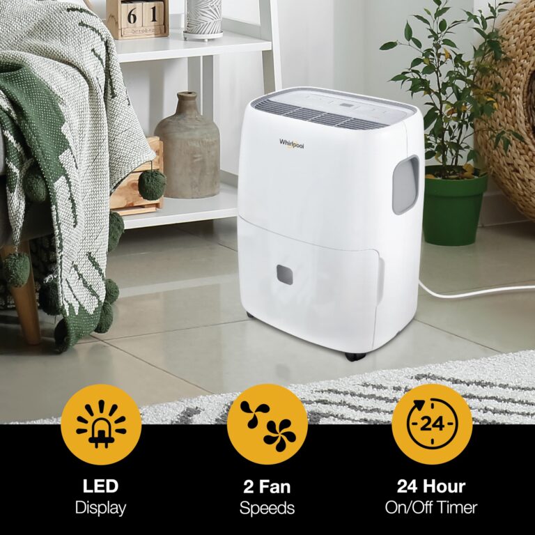 Whirlpool Energy Star 50-Pint Portable Dehumidifier with Built-in Pump, Auto-Shutoff and Timer, Home Dehumidifier and Moisture Absorber For Basement, Garage, Living Room in White - Image 5