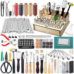 447 Pieces Leather Working Tools and Supplies with Instruction, Leathercraft Tools Kit, Leathercraft Tools Holder, Leather Craft Stamping Tools, Stitching Hole Punch, Leather Working Saddle Making
