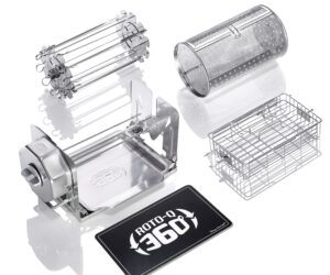 ROTO-Q 360 Stainless Steel Rotisserie Kit - Non-Electric, Wind-Up Spit Roaster with Rotisserie Basket, Flat Cage, Skewer Set, and Cooking Mat for Grills, Ovens, and Smokers - Indoor & Outdoor BBQ Use