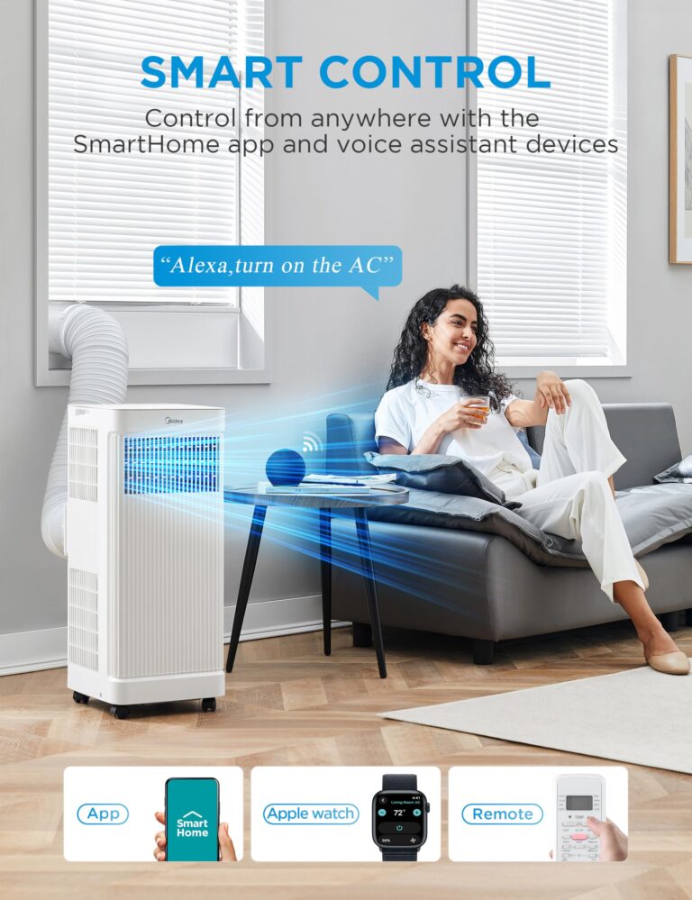 Midea 8,500 BTU ASHRAE (5,000 BTU SACC) Portable Air Conditioner, Smart Control, Cools up to 150 Sq. Ft., with Dehumidifier & Fan mode, Easy- to-use Remote Control & Window Installation Kit Included - Image 8