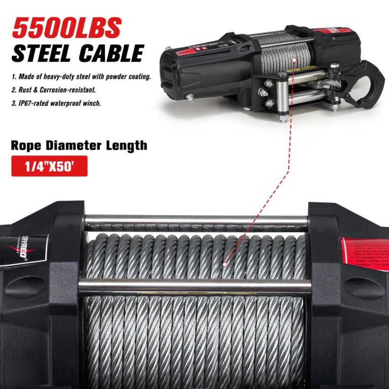 FieryRed ATV/UTV Winch- 12 V 5500LBS Electric Winch with Steel Cable, Wire and Wireless Remote Control, Roller Fairlead - Image 5
