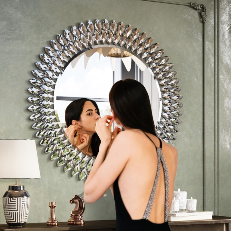 Kelly Miller Jeweled Mirror for Wall, 28 Inch Round Luxury Mirror with Sparkling Diamonds Beveled Modern Wall Decor for Bathroom, Living Room, Bedroom, Hallway - Image 8