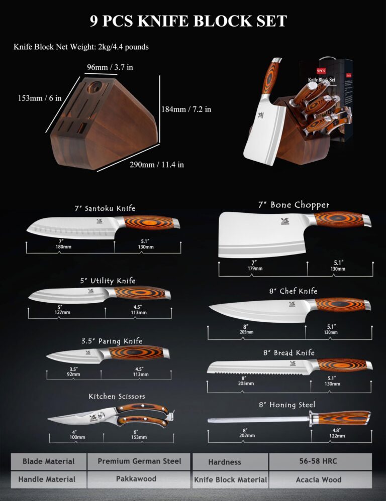 MSY BIGSUNNY 9pcs Knife Block Set, German Steel Kitchen Knife Set with Bone Chopper, Precious Pakkawood Handle for Chef Knife Block Set - Image 8