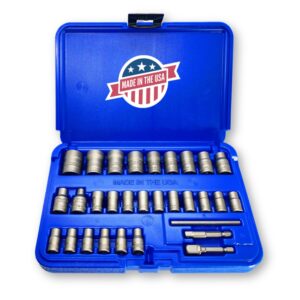 30 Piece Extraction Socket Tool Set | Made in USA Steel | ¼” and ⅜” Drive Impact Grade Bolt and Nut Remover Kit | Turbo Sockets for Stripped, Rounded, Frozen Bolts & Nuts | Nut Extractor Socket Set