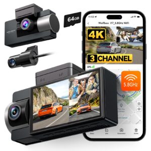 WOLFBOX i17 4K 3 Channel Dash Cam, 5.8GHz WiFi & GPS with 64GB Card, 4K+1080P+1080P Dash Cam Front and Rear Inside, Triple Car Camera with 3 Inch Screen, IR Night Vision, WDR, 24H Parking Mode