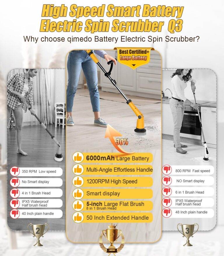 Qimedo Electric Spin Scrubber Extra Large Brush Q3,6000 mAh Best Battery Power Scrubber for Cleaning,1200RPM Shower Cordless Cleaning Brush with 8 Brushes for Bath/Tub/Tile/Floor (Smart Display) - Image 7