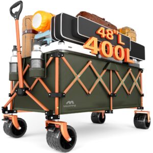Moothing 48”L Foldable Wagons Carts Extended, Collapsible Folding Wagon 500lbs Heavy Duty, 400L Large Beach Wagon, Utility Wagon with All Terrain Big Wheels for Sports, Camping, Grocery, Garden, Green