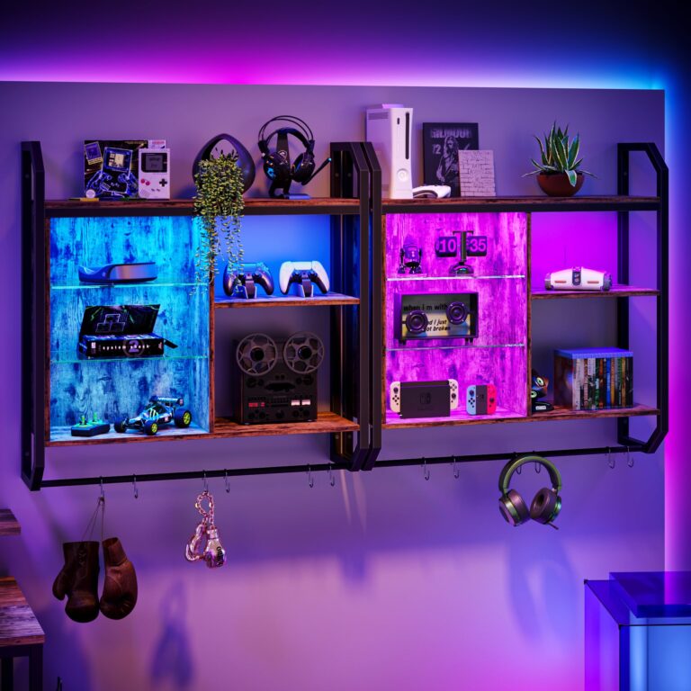 Bestier LED Kitchen Floating Shelves, 34" Industrial Pipe Shelves with Adjustable Glass Shelves, Wall Mounted Shelf with 6 S-Hook Towel Bar, Wine Coffee Bar Rack for Room Decor Rustic Brown - Image 8