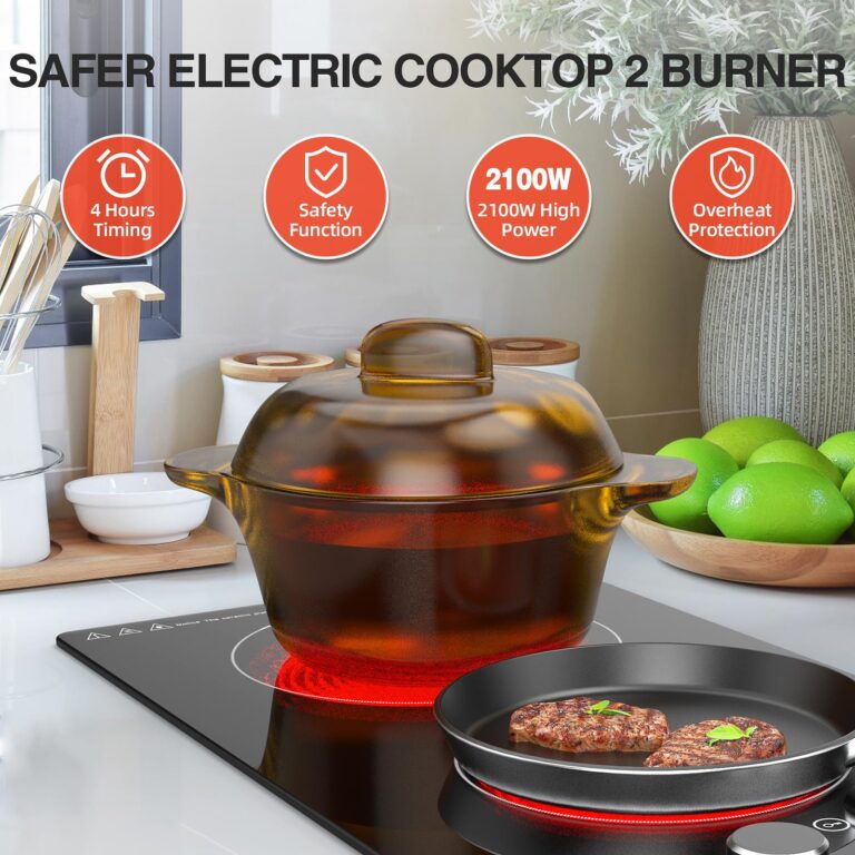 110v Electric Cooktop 2 Burners, 12'' Electric Stove Top with Plug in, GTKZW Knob Control Countertop & Built-in Ceramic Cooktop, 9 Power Levels, Child Lock, Timer, Over-Heat Protection - Image 5