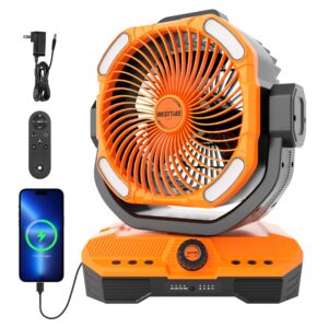 WESTTREE Battery Operated Large Airflow Fan,45000mAh Rechargeable Camping Cordless Fan with 360°Auto Oscillation & Timer, Queit Battery Powered Tent Fans Portable with RGBW Lights for Home X66 Orange