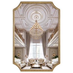 Fobule 24"x36" Mirror for Wall, Scalloped Corners Rectangle Decorative Mirror, Metal Beaded Frame Accent Wall Decor for Bathroom, Entryway, Mantel, Antique Gold