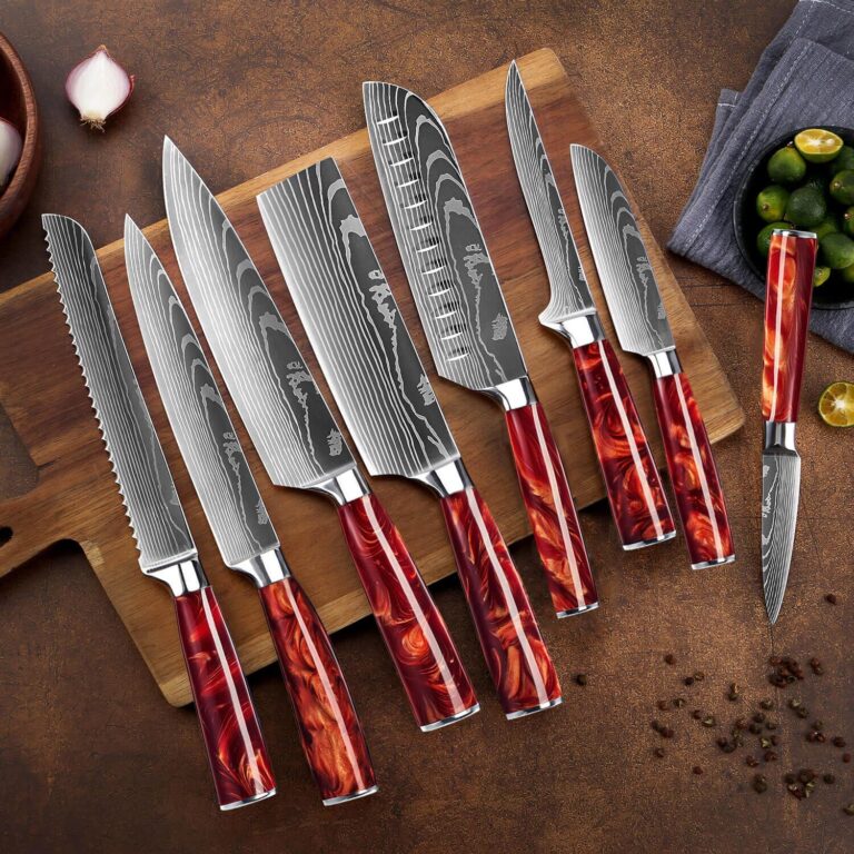 SENKEN 16-Piece Natural Acacia Wood Kitchen Knife Block Set - Japanese Chef's Knife Set with Laser Damascus Pattern, Includes Steak Knives, Kitchen Shears, Santoku, Cleaver & More (Red Resin Handles) - Image 7