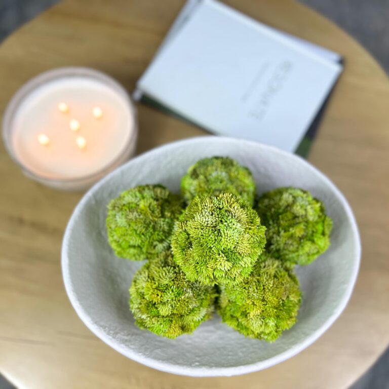 Luxurious White Textured Ceramic Bowl and Greenery Set,12.5x10.5 Inch Pedestal Decorative Bowl, with 6 Green Succulent Moss Balls, Counter Top, Farmhouse Table Centerpiece, Living Room, Kitchen Decor - Image 9