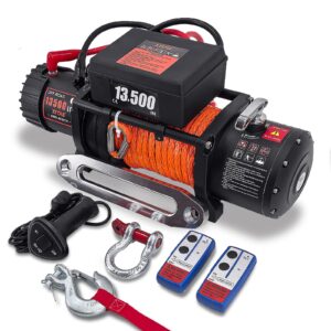 Winch 13500 lbs 12V Waterproof Electric Winch Synthetic Rope Electric Winch Towing Winch Boat Trailer Winch SUV 4-Wheel Drive Off-Road Vehicle with Remote Control 3/8 Synthetic Rope (Dark-Orange)