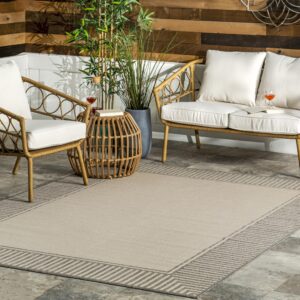 nuLOOM 9' x 12' Outdoor Area Rug, Casual Design with Striped Border, Stain Resistant, Highly Durable, for Patio, Balcony, Bedroom, Living Room, Dining Room, Bathroom, Light Grey