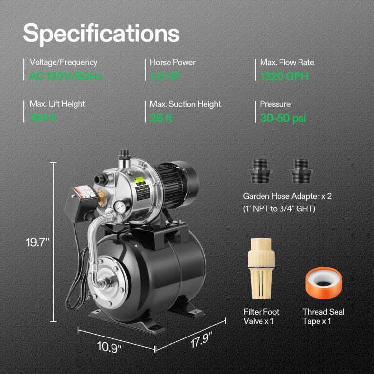 VIVOSUN 1.6 HP Shallow Well Pump with Pressure Tank, NSF Certified, 1320 GPH, Stainless Steel, Automatic Water Booster Jet Pump with Two Adapters for Home, Garden, Lawn - Image 3