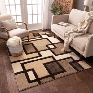 Well Woven Ruby Geometric 6x9 Area Rug Ivory & Beige Neutral Modern Contemporary Hand Carved Squares Design Perfect for Living Room Dining Room or Bedroom Plush Easy-Care Easy-to-Clean Carpet