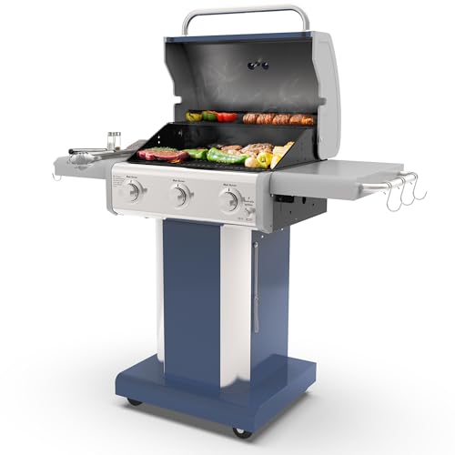 Kenmore 3-Burner Propane BBQ Grill, 30,000 BTUs Gas Grill with Cast Iron Cooking Grates, Folding Side Tables & Wheels, Outdoor Grill with Tool Hooks, Azure Blue