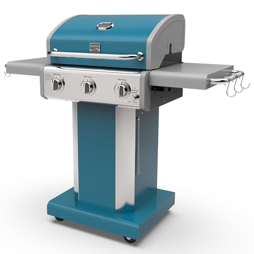 Kenmore 3-Burner Propane BBQ Grill, 30,000 BTUs Gas Grill with Cast Iron Cooking Grates, Folding Side Tables & Wheels, Outdoor Grill with Tool Hooks, Teal